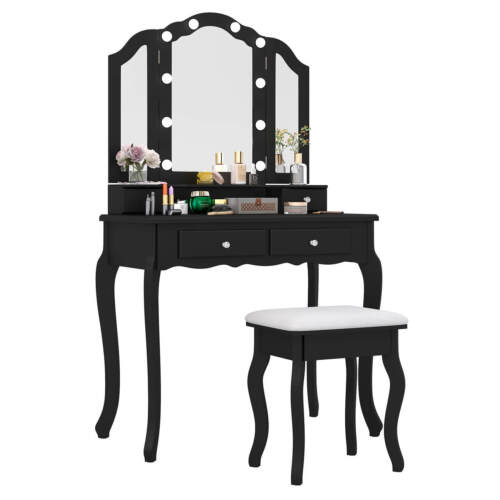 Makeup Vanity Set with Tri-Fold Mirror & LED Lights 4 Drawers Open Shelf - Picture 9 of 10