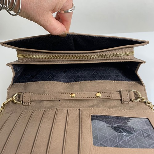 Botkier NY Taupe Leather Chevron Quilted Crossbody Wallet Gold Chain Strap - Picture 15 of 16