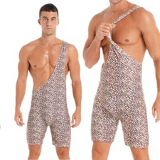 Mens Leopard Animal Print Bodysuit One Shoulder Leotard Jungle Caveman Costumes