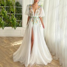 Deep V-Neck Flower Prom Dresses Belt Puff Sleeves Evening Gowns High Split Tulle