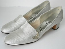 Vintage SOCIALITES Metallic Silver Block Heel Women s Dress Shoes Narrow, 7A