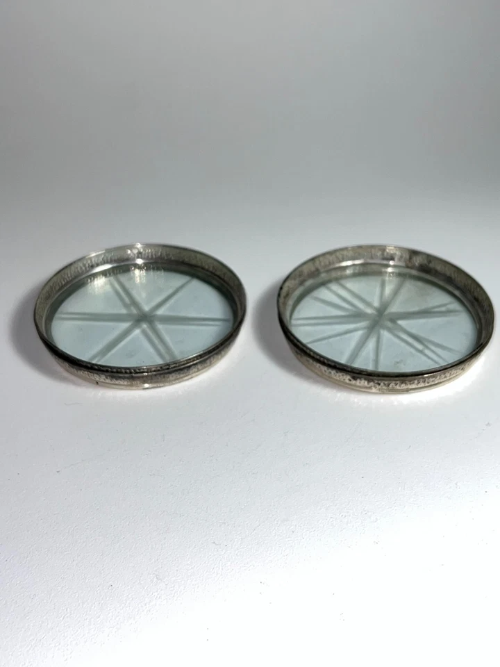 Juego de 2 posavasos vintage Frank M Whiting Crystal Starburst borde de plata de ley Foto 2 de 4