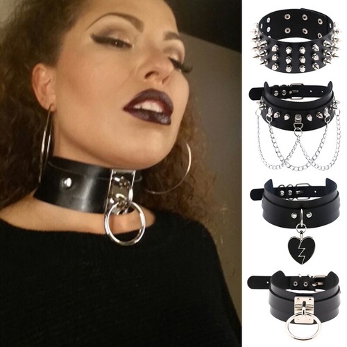 Women Gothic Choker Black PU Necklace 