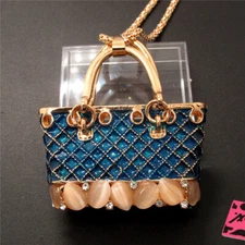 Fashion Women Blue Enamel Lady Bag Opal Crystal Pendant Sweater Chain Necklace