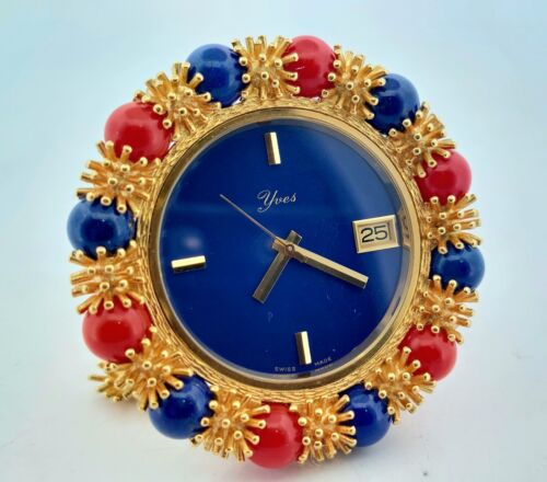 18k Solid Yellow Gold Lapis Lazuli & Coral - YVES 50mm Vintage Swiss Desk Watch - Picture 15 of 15