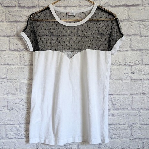 RED Valentino Polka Dot Mesh T Shirt S White Black Short Sleeve Cotton Tulle