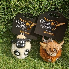 Glen Appin Highland Cow or Sheep Fluffy Pom Keyring Keychain