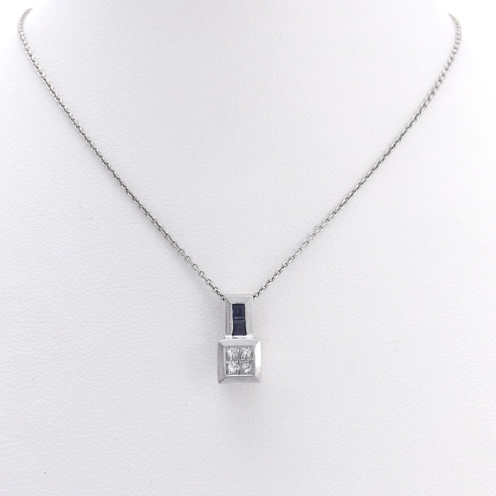 14k White Gold Diamond Sapphire Box Pendant Neckl… - image 2