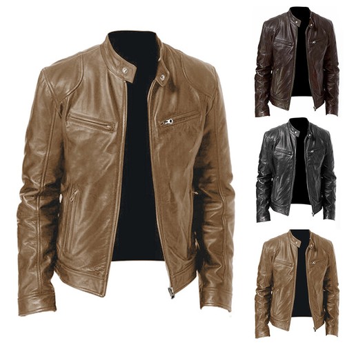 Men's PU Leather Jacket Zip Coat Stand Collar Motorcycle Jackets Outwear Tops - Picture 3 of 9
