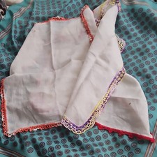 Lot of 3 White Cloth Handkerchiefs w/ Multicolor Crochet Trim, Approx 10" Sq