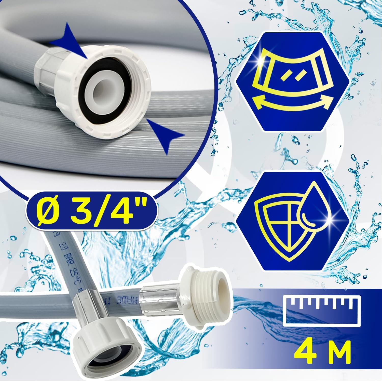 Tuyau machine à laver 4m pour éloigner vos appareils de la prise d'eau