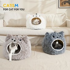 CATISM Cat Bed Indoor Soft Plush Removable Pillow Non-Slip Base Dogs Cave Nest