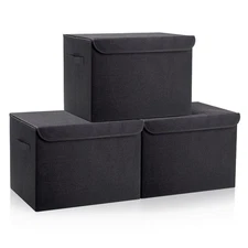 3 Pack 17 Inch 42 Quarts Collapsible Stackable Storage Bins with Lids Black