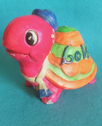 Vtg MCM Day Glo Holiday Fair Pink Turtle Bank Flower Power LOVE w/ Label & Plug - Picture 5 of 16