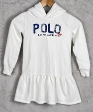 Polo Ralph Lauren Girls Hoodie Dress White Quilted Logo Sz 6 Hooded Long Sleeve