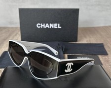 Women's Chanel Sunglasses Black&White Frame Classic 6056 Cat Eye Gray Lens