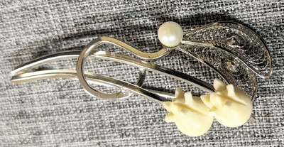 Signed Milano Sterling Vntg Silver 925 Carved Cow Bone Pearl 3D Rose Pin Brooch