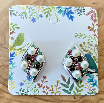 Cultured Pearl Ruby & Emerald Gemstone Sterling Silver 20x10 mm Earrings, Stud