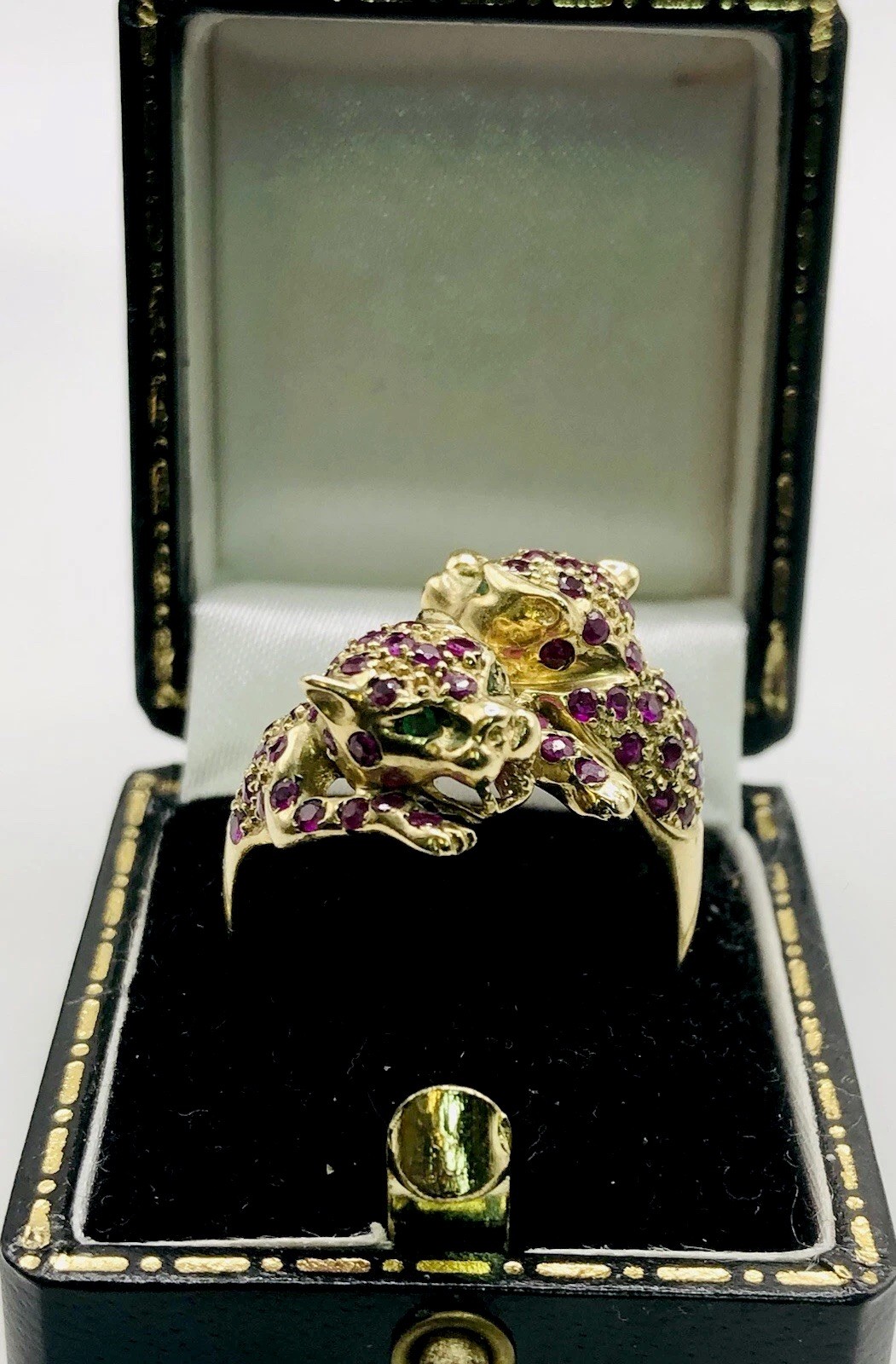 9ct Gold Ruby Double Head Panther Leopard Ring Em… - image 4