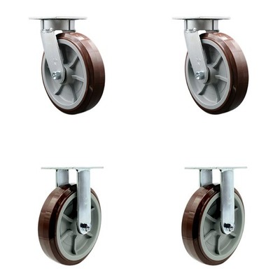 8 Inch KP Polyurethane Caster Set with Ball Bearings 2 Swivel 2 Rigid SCC