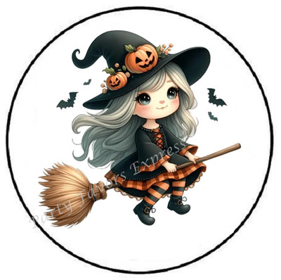 ADORABLE HALLOWEEN WITCH ON BROOM ENVELOPE SEALS LABELS STICKERS PARTY FAVORS