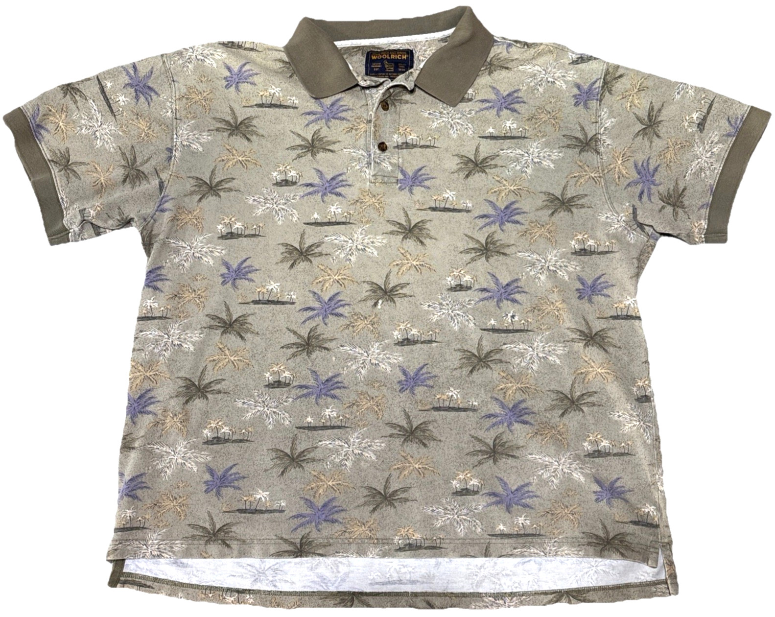 Vintage Woolrich Tropical Hawaiian Print Polo Dad Shirt Sage Palms Size XL 8299