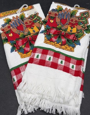 2 Vintage 90's Revere Mills Kitchen Towels Christmas Gingerbread Cookies NEW NOS