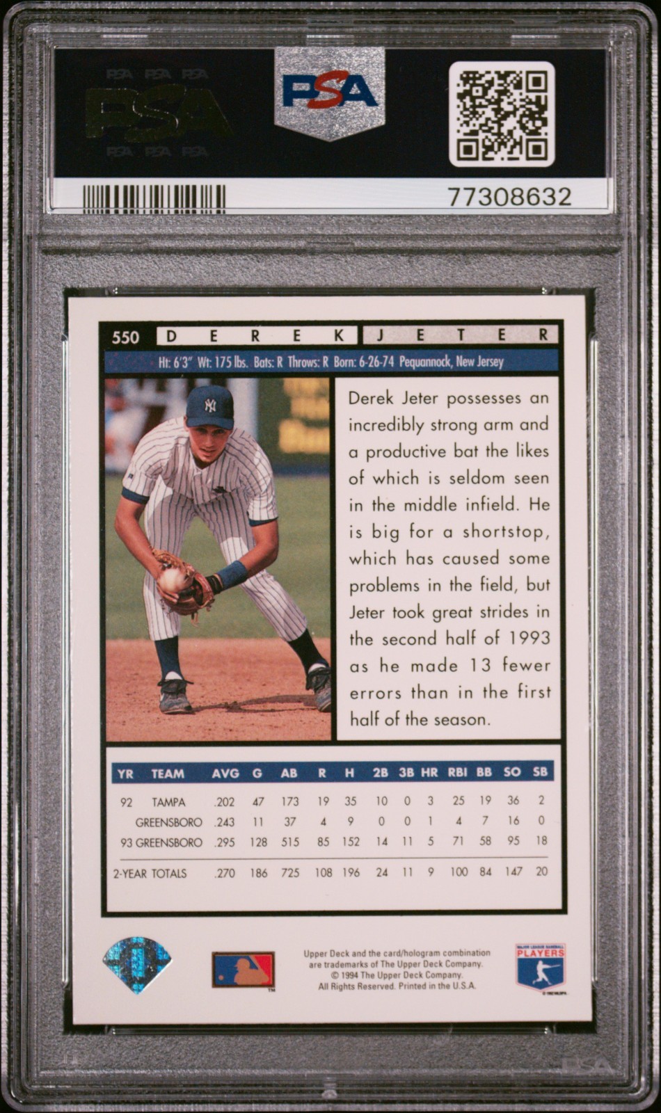 1994 UPPERDECK DEREK JETER ROOKIE # 550 * PSA 8 * Yankees view 2