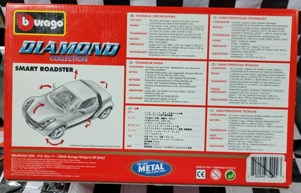 NEW Burago Diamond Coll. 1/18 MCC Smart Roadster Diecast Black Removable Top - Image 3 of 3