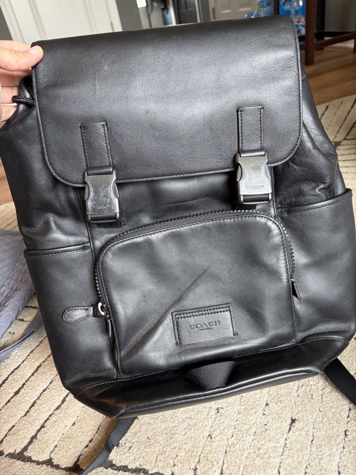 Coach Black Leather Track Backpack Drawstring Flap Buckle