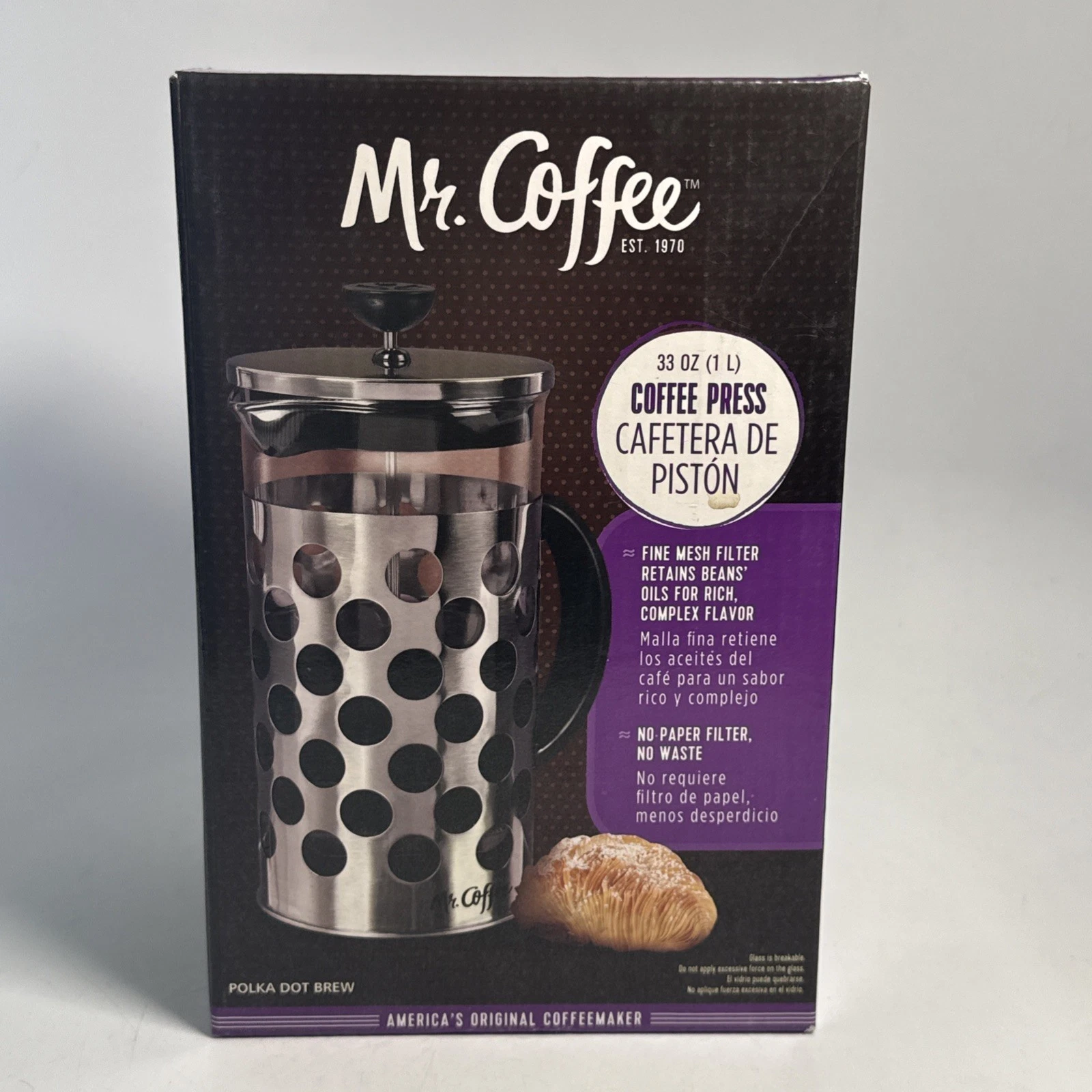 NEW Mr. Coffee 33-ounce Silver Coffee Press Fine Mesh Filter No Paper No Waste