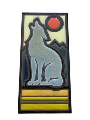Carly Quinn Designs Custom Hand Glazed & Fired Ceramic Tile Wolf & Moon 6'' x 3''