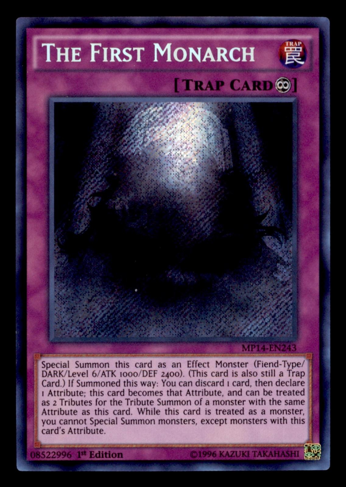 The First Monarch MP14-EN243 YuGiOh 2014 Mega-Tin Mega Pack trading card — raw and PSA graded price guide