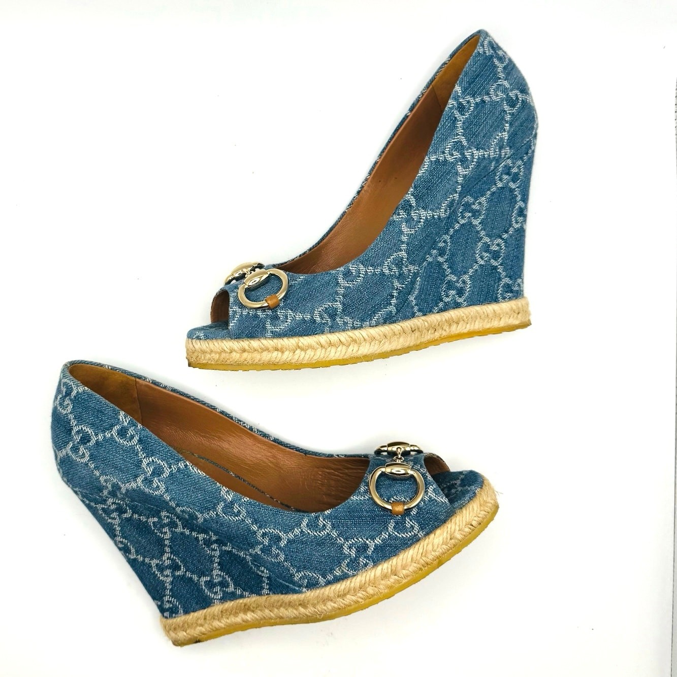 GUCCI Blue Denim Monogram Horsebit Espadrille Wedges Size 36