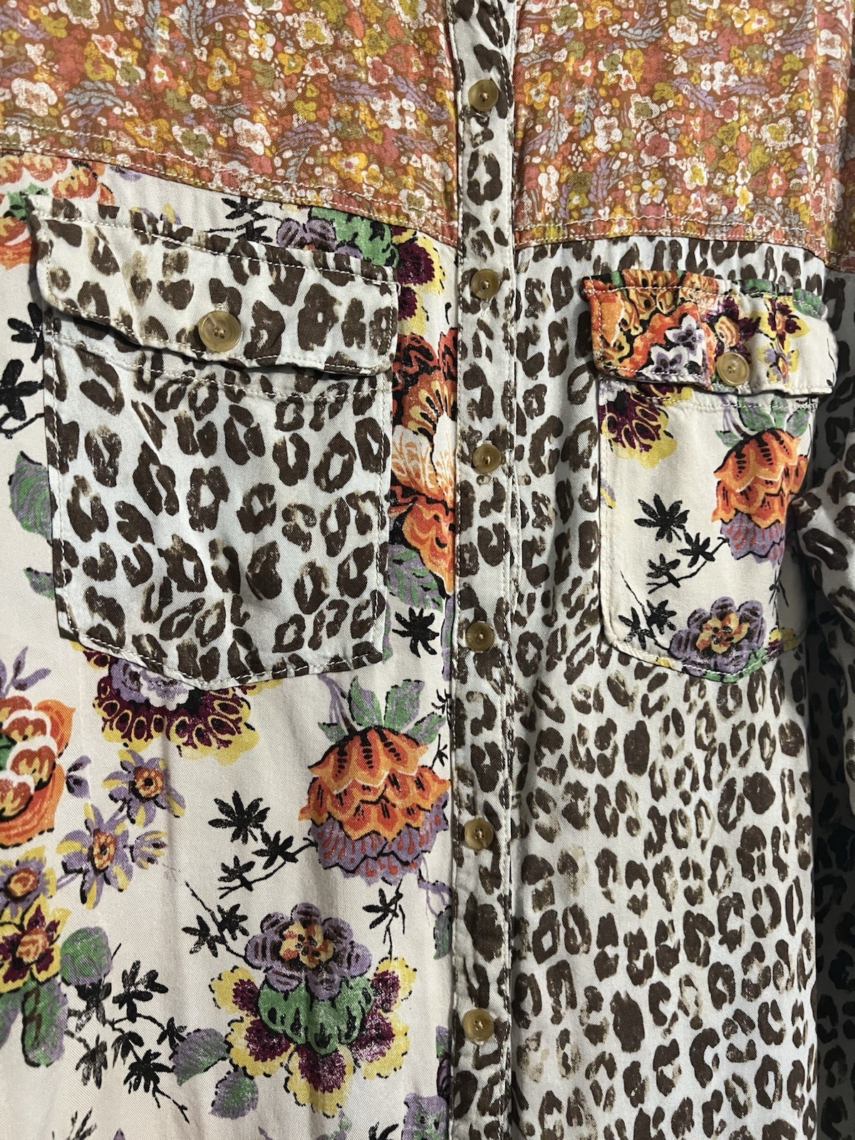 Anthro Patchwork Boho Blouse XL Leopard Floral Mi… - image 3