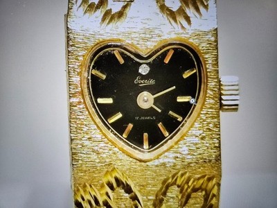 VINTAGE LUXURY HEART STYLE GOLD PLATED LADIES SWISS  WATCH BRACELET ''EVERITE''17J