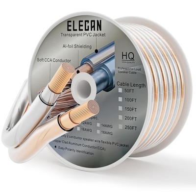 Elecan Pro Series 14/2 Speaker Wire Cable Spool 250 Ft 14 Gauge AWG-Transparent