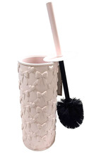 ELORETTA MATTED PINK 3D HEART & BOW WITH BLACK STIFF BRISTLE TOILET BRUSH HOLDER