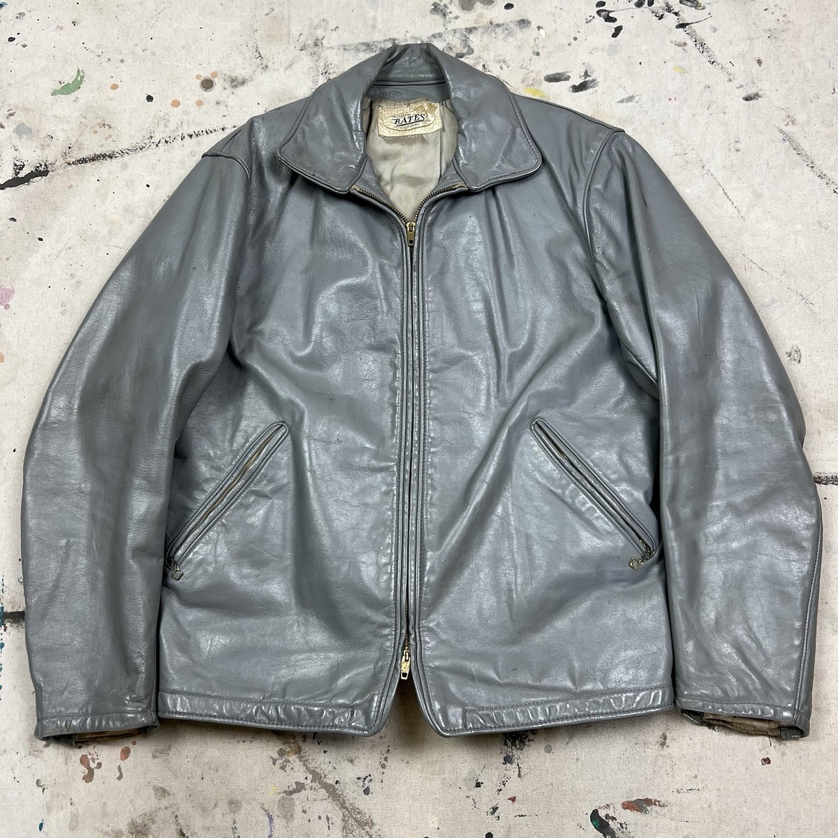 Vintage 60s Bates California Grey Leather Motorcycle Jacket Mens 