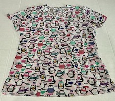 Scrub Shirt Top Womens Christmas Penguin Themed Holiday Medium V-Neck 2 Pockets