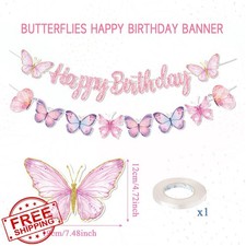 Pink Happy Birthday Banner with Butterflies, Happy Birthday Sign Party Decora...