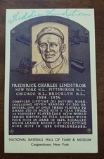 JSA FREDDIE LINDSTROM SIGNED AUTO GOLD HOF PLAQUE POSTCARD NEW YORK GIANTS 