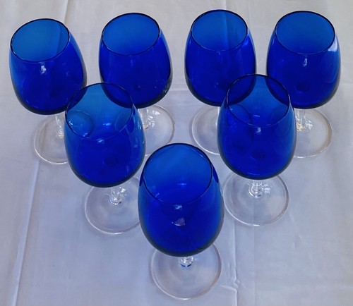 VINTAGE Wine Glasses 5 oz. COBALT BLUE Clear Stem 7-Piece Set - Picture 2 of 6