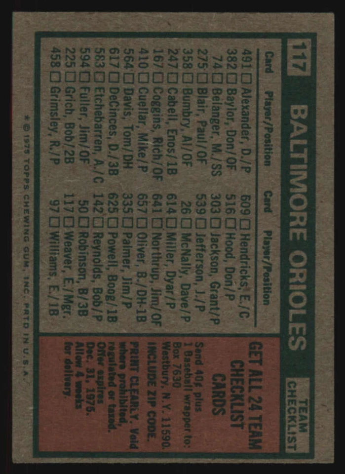 1975 Topps Mini #117 Earl Weaver EXMT/EXMT+ Orioles MG 606827 - Image 2 of 2