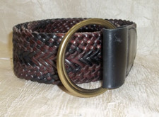 Talbots Brown Leather Belt Woven Braided Double Ring Brass Buckle size Medium