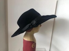 Vintage 1960's Classic Elegant Joseph Magnin Black Velvet Wide Brim Hat 6 3/4