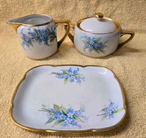 O&E.G. Royal Austria Cream & Sugar Art Deco Alice HR Tray Blue Forget Me Knots
