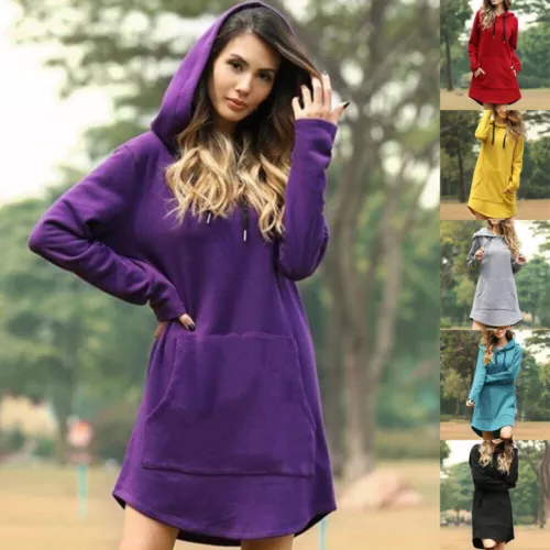 Womens Sweatshirt Hoodie Pullover Dress Pullover Tunic Women Long Solid Color UK - Picture 5 of 18