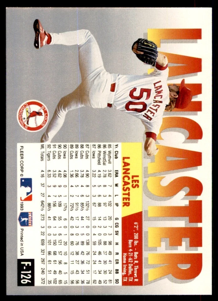 1993 Fleer Final Update Les Lancaster Baseball Cards #F-126 - Image 2 of 2