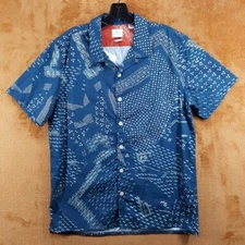 PAUL SMITH Camp Shirt Mens Large Teal Button Up Casual Logo Short Sleeve $175